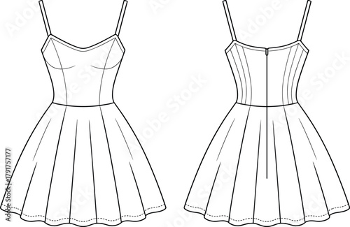 Bustier Mini Dress with Pleated Skirt, Spaghetti Straps, and Contour Seaming Technical CAD Drawing Flat Vector Illustration