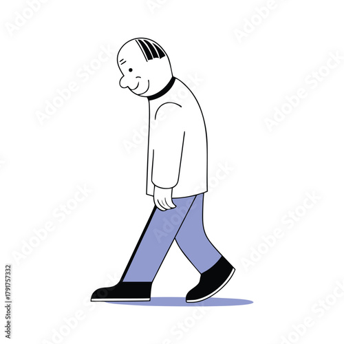 A man with side-parted hair and a collared shirt walks with a happy expression