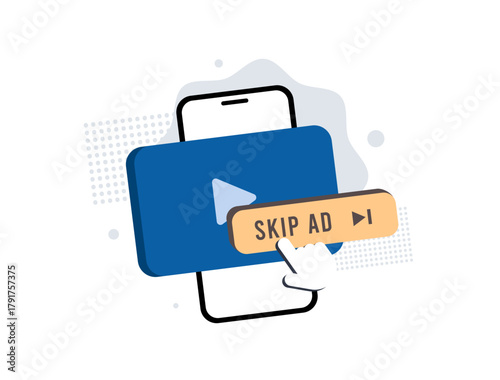 Ad skip feature in mobile video streaming platforms offering instant bypass. Ad-free playback, seamless user experience to boost engagement, viewer retention and platform revenue. Vector illustration