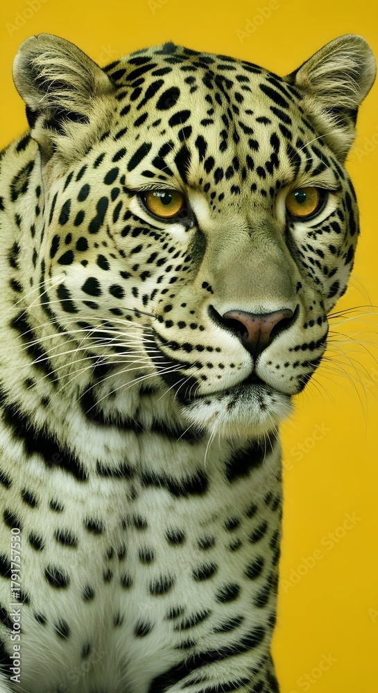 Naklejka premium Striking portrait of a spotted leopard with piercing eyes, showcasing its beauty and power on a vibrant yellow background