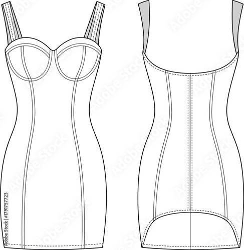 Bodycon Mini Dress with Bustier Styling, Contour Seams, and Wide Shoulder Straps Technical CAD Drawing Flat Vector Illustration