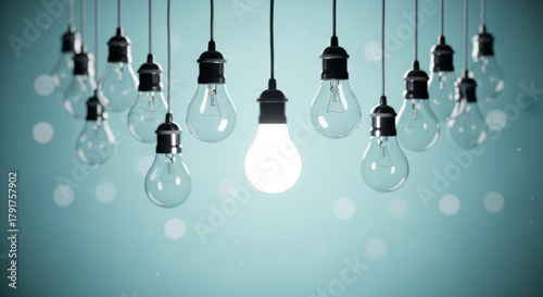 Hanging light bulb glowing bulb innovation creativity idea inspiration blue background energy electricity modern minimal
