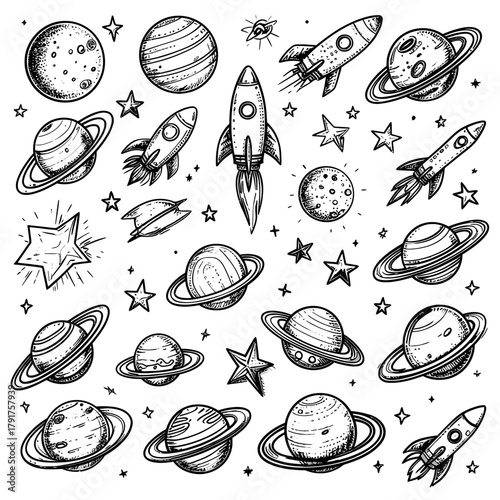 HandDrawn Space Elements Planets Rockets and Stars.