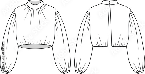 Cropped Blouse Top with Mock Neck, Neckline Gathering, and Voluminous Balloon Sleeves Technical CAD Drawing Vector Illustration