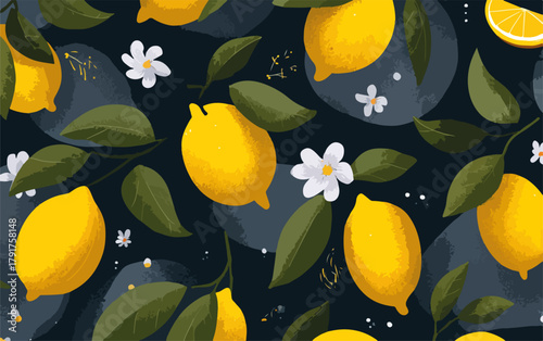 Wektorowy wzór z cytrusami i kwiatami na ciemnym tle, ilustracja owoców