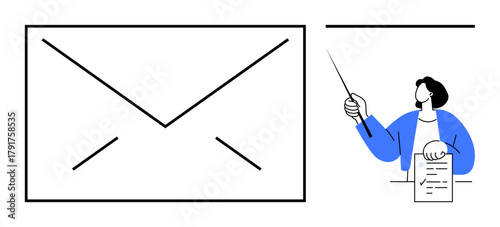 Envelope icon alongside a person holding a document and pointer, signifying communication, documentation, and explanation. Ideal for education, business, email, messaging, tutorials teaching simple