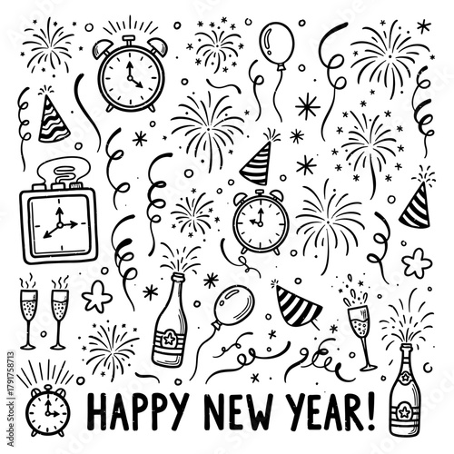 New Years Eve Celebration Doodle with Fireworks and Clocks.