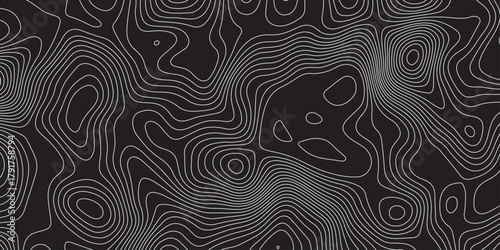Abstract black background with elegant contour line patterns. Minimalist topographic map texture design, modern wavy lines creating fluid organic shapes, perfect for digital art and backgrounds.