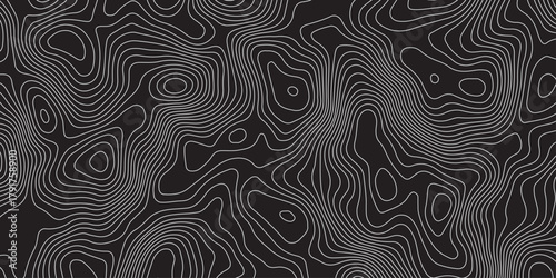 Abstract black background with elegant contour line patterns. Minimalist topographic map texture design, modern wavy lines creating fluid organic shapes, perfect for digital art and backgrounds.