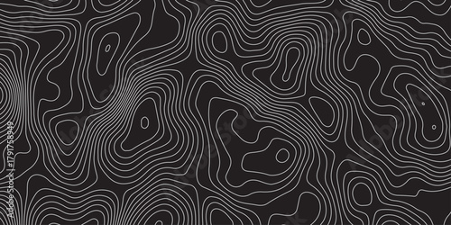 Abstract black background with elegant contour line patterns. Minimalist topographic map texture design, modern wavy lines creating fluid organic shapes, perfect for digital art and backgrounds.