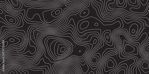 Abstract black background with elegant contour line patterns. Minimalist topographic map texture design, modern wavy lines creating fluid organic shapes, perfect for digital art and backgrounds.