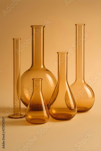 Group of Amber Glass Laboratory Flasks and Beakers for Chemical Experiments on a Warm Neutral Background