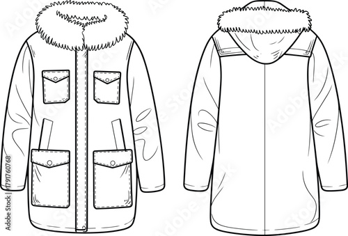 Hooded Parka Jacket Coat with Fur Trim Technical Fashion Flat Sketch Template CAD Drawing Vector Illustration Garment Apparel Design Mockup