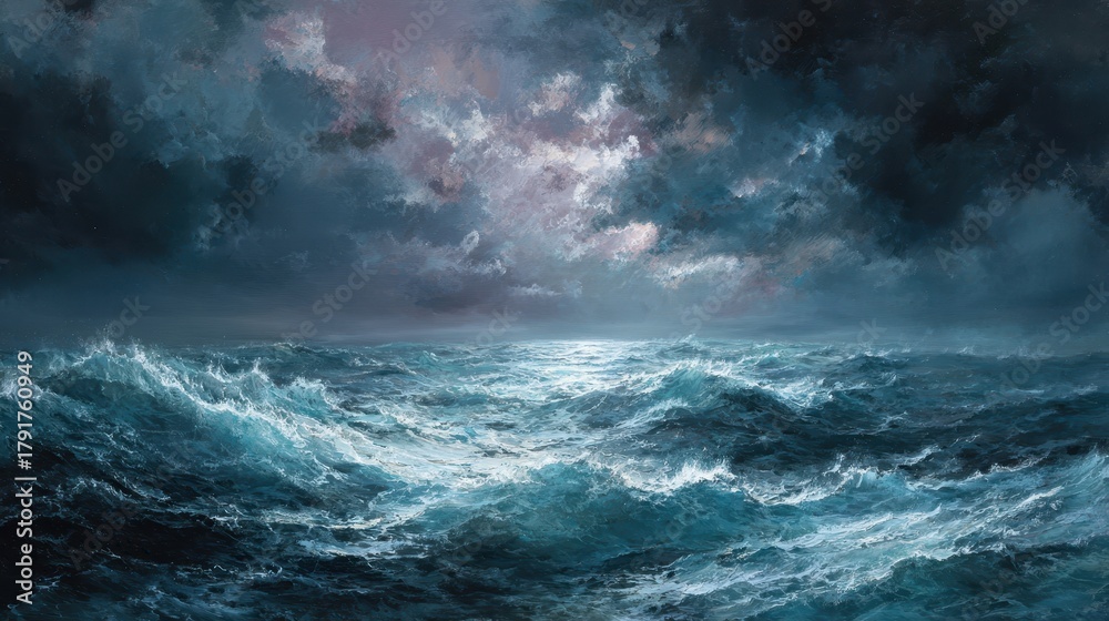 Fototapeta premium Dynamic storm painting showcases the fierce power of turbulent seas and dark clouds in a breathtaking natural scene