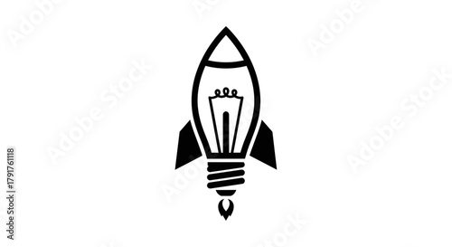 An isolated black rocket lightbulb icon represents a launched startup idea