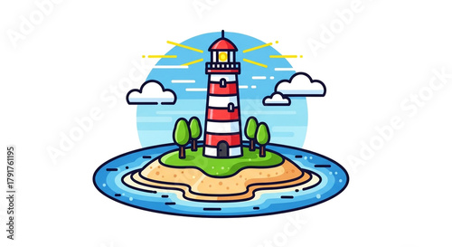 A charming lighthouse stands tall on a small island, its red and white stripes contrasting against the blue sea