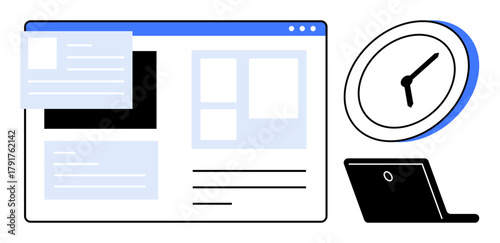 Web interface with text and images, analog clock, and laptop signify productivity, time tracking, and online work. Ideal for workflow, remote work, project management, deadlines planning
