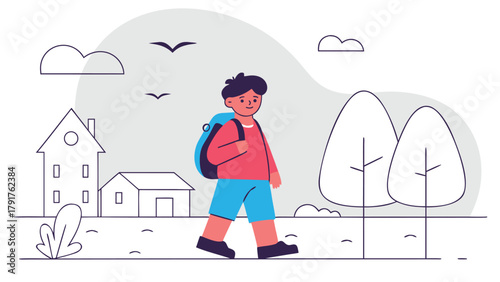 Young boy with backpack walking through a neighborhood street enjoying fresh air and sunshine