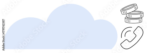 Large cloud representing data storage with stacked coins symbolizing online transactions and economic value, plus a ringing phone icon for communication. Ideal for cloud computing, finance