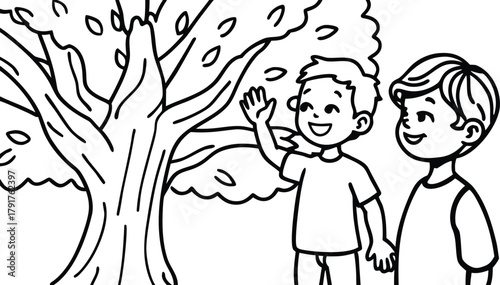 Two cheerful boys enjoy outdoor play in nature with trees and leaves, line art style illustration coloring book