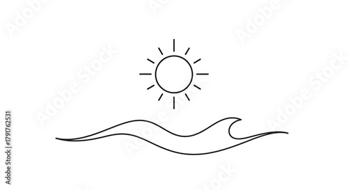 Simple line art illustration of a sun over a wavy sea, , perfect for a minimalist logo or design element