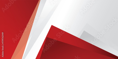 abstract design with dominant colors of red, white, and gray. Triangles and diagonal lines overlap, creating a dynamic and modern feel