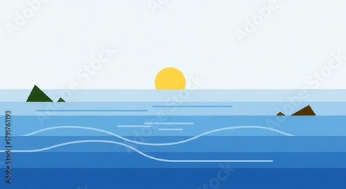 A minimalist illustration of a serene ocean at sunset, featuring gentle waves, distant islands, and a warm sun, creating a peaceful and calming atmosphere