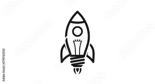 A black line icon depicting a lightbulb inside a launching rocket ship