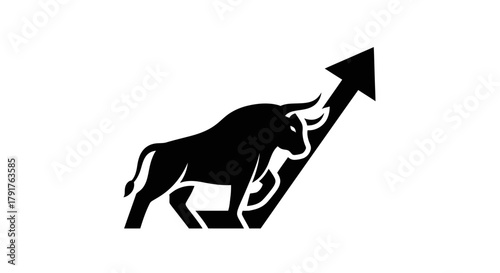 Black bull mascot graphic represents rising stock market prices and financial growth trend