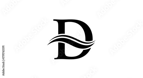 Black capital letter D merged with a simple flowing wave graphic