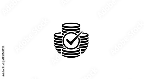 Black silhouette of coin stacks with a verified checkmark on white