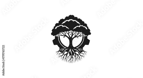 Black silhouette of a rooted tree merged with a gear icon on white