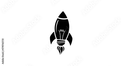 Black silhouette light bulb rocket launching upward isolated on a white background
