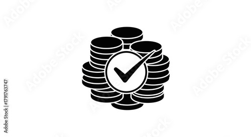 Black stacked coins illustration with a successful checkmark verification circle