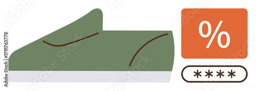 Green shoe side profile with discount percentage banner and a password input field. Ideal for online shopping, sales, fashion, discounts, e-commerce, sustainability, and minimalist design concepts