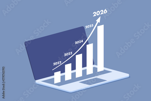 Digital business growth concept: 3D bar chart on a laptop screen with a trend line pointing to 2026, representing finance, investment, and market success.