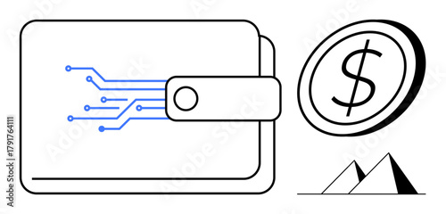 Digital wallet with circuitry design, dollar coin, and pyramids symbolizing finance, technology, and investment. Ideal for fintech, cryptocurrency, money management, savings payment systems digital