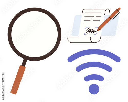 Magnifying glass, signed document with pen, and wireless signal. Ideal for research, analysis, digital communication, remote work, online agreements connectivity and technology. Simple flat