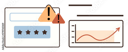 Alert warning triangle overlays a rating panel with stars, beside a rising graph on data trends. Ideal for analytics, security, risk management, feedback, progress, performance, strategy themes