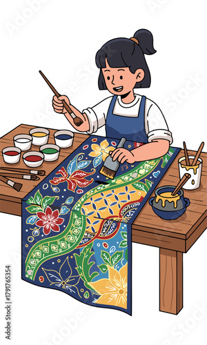 Vector illustration of an artist painting colorful batik patterns on fabric
