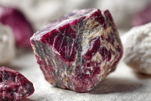 Close-up view of a rough, uncut ruby gemstone with a deep red color and natural texture.
