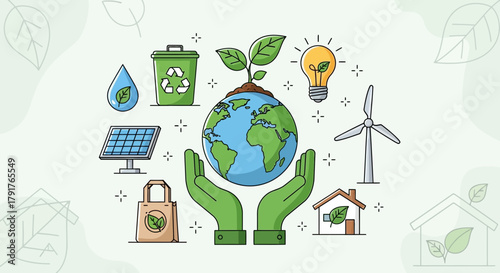 Green hands holding earth with renewable energy icons for sustainable environment