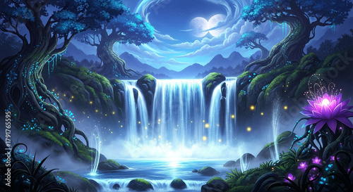 Enchanted waterfall cascading through a magical forest, illuminated by ethereal moonlight and surrounded by mystical flora, creating a serene fantasy landscape