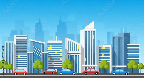 Modern city skyline with colorful cars and trees on a bright sunny day scene