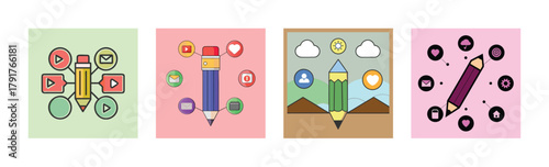 Content Creation and Social Media Marketing Vector Illustration Set Pencil Video Email Heart Icons