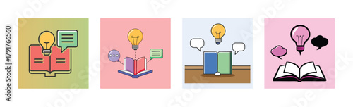 Creative concept illustrations with open books, light bulbs, and speech bubbles, symbolizing learning, ideas, and knowledge exchange