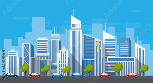 Cityscape illustration featuring modern buildings cars and trees on a bright sunny day