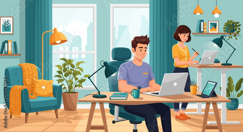 Two people working remotely on laptops in a bright and modern home office setting