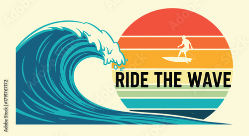 Illustration of ride the wave with a surfer silhouetted against a retro sunset, embodying the spirit of summer and the thrill of the oceans embrace