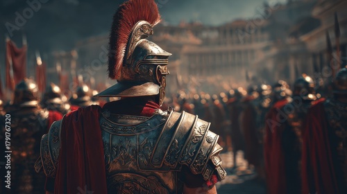 Roman warlord leading army in ancient battlefield against the backdrop of a grand city with soldiers in shining armor, evoking the might of Julius Caesar's reign